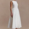 Monika Gathered Waist Cotton Midi Dress – White Monika Gathered Waist Cotton Midi Dress – White