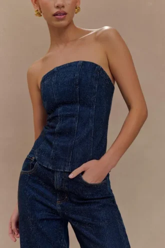 Monte Strapless Diamante Denim Corset – Midnight Blue