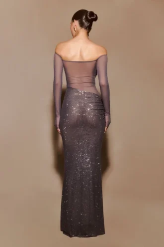 Nash Diamante Off Shoulder Maxi Dress – Gunmetal