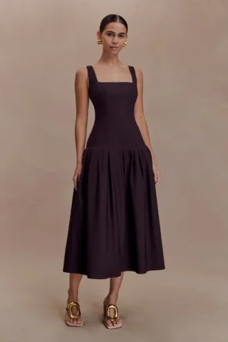 Natascha Drop Waist Cotton Midi Dress – Chocolate