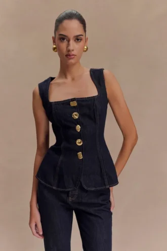 Neve Sleeveless Buttoned Denim Top – Washed Indigo Blue