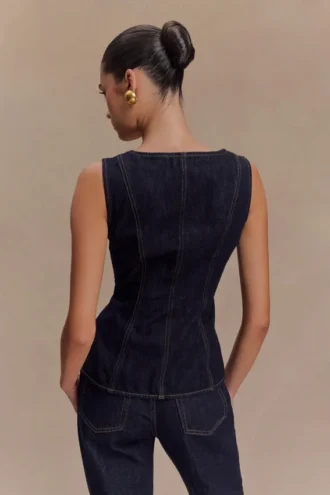 Neve Sleeveless Buttoned Denim Top – Washed Indigo Blue