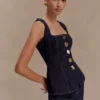 Neve Sleeveless Buttoned Denim Top – Washed Indigo Blue Neve Sleeveless Buttoned Denim Top – Washed Indigo Blue