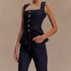 Neve Sleeveless Buttoned Denim Top – Washed Indigo Blue Neve Sleeveless Buttoned Denim Top – Washed Indigo Blue