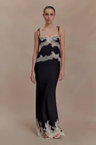 Nina Satin And Lace Maxi Skirt – Black/Ivory