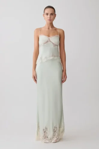 Nina Satin And Lace Maxi Skirt – Sage