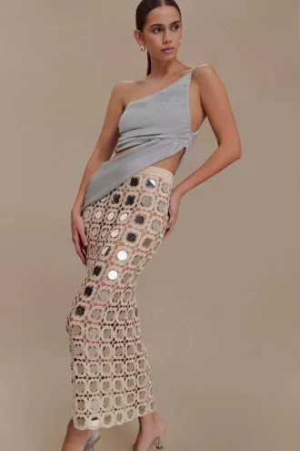Noel Mirror Knit Midi Skirt – Beige