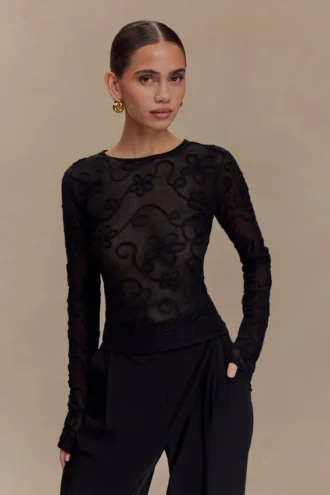 Omari Embroidery Long Sleeve Knit Top – Black