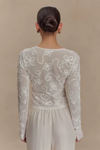 Omari Embroidery Long Sleeve Knit Top – Ivory