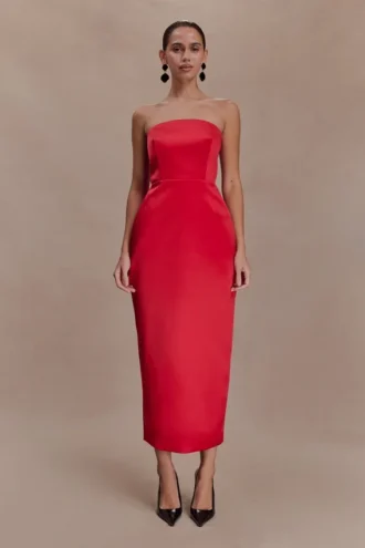 Ophelia Peplum Satin Maxi Dress – Red