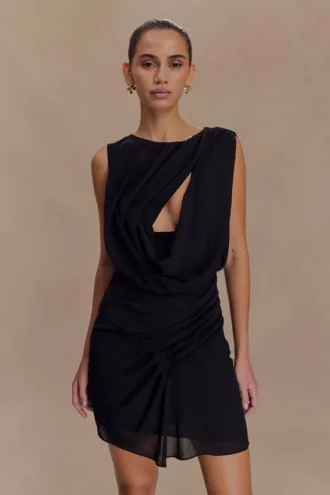 Oria Chiffon Mini Dress – Black