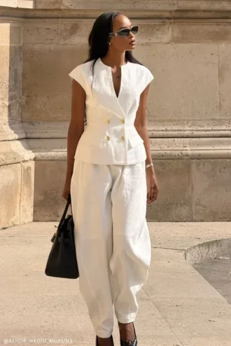 Oriana Linen Button Vest – White