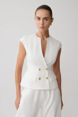 Oriana Linen Button Vest – White
