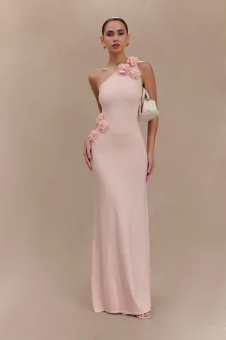 Paloma One Shoulder Knit Maxi Dress With Flowers – Baby Pink Paloma One Shoulder Knit Maxi Dress With Flowers – Baby Pink