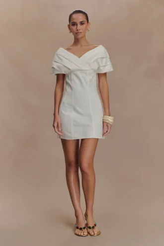 Pascale Off Shoulder Denim Mini Dress – White