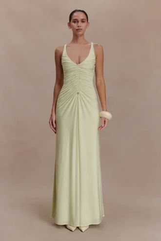 Perrie Slinky Ruched Maxi Dress – Pastel Lime
