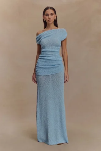 Petra Ruched Knit Maxi Skirt – Light Blue