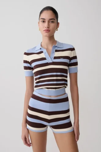 Philly Stripe Knit Button Up Top – Chocolate/Blue