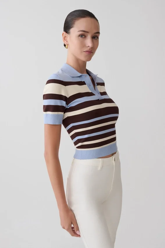 Philly Stripe Knit Button Up Top – Chocolate/Blue Philly Stripe Knit Button Up Top – Chocolate/Blue