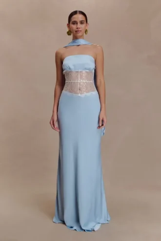 Pilar Strapless Satin And Lace Maxi Dress – Cornflower Blue