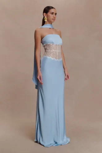 Pilar Strapless Satin And Lace Maxi Dress – Cornflower Blue