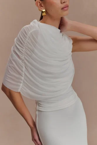 Pruedance Slinky Draped Top With Mesh Overlay – White