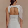 Pruedance Slinky Draped Top With Mesh Overlay – White