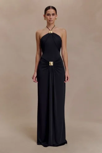 Quincy Halter Maxi Dress With Hardware – Black