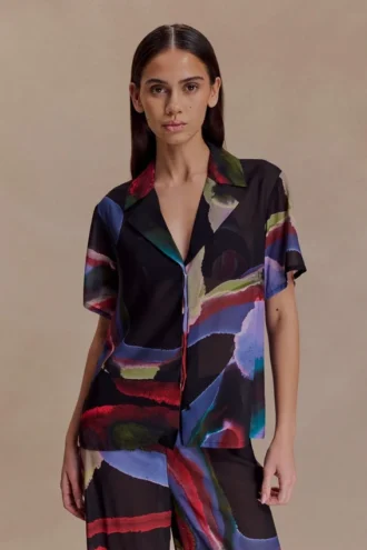 Rachel Chiffon Short Sleeve Shirt – Multi Fluid Reverie Print