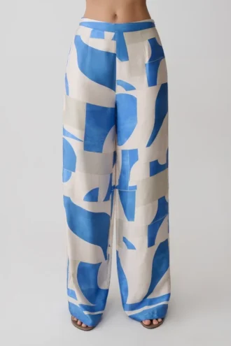 Rachel Satin Straight Leg Pants – Blue Geo Tile Print