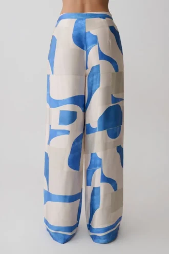 Rachel Satin Straight Leg Pants – Blue Geo Tile Print