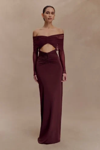 Rafaella Slinky And Mesh Maxi Dress – Mahogany