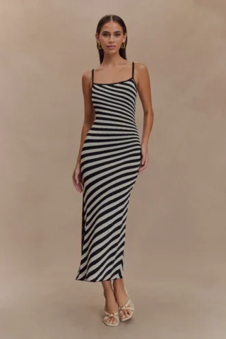 Raven Striped Knit Midi Dress – Black/White