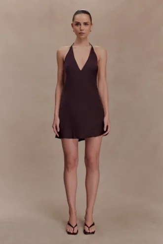 Regina Halter Lace And Satin Mini Dress – Chocolate