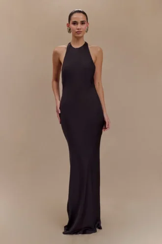 Rinna Satin Halter Maxi Dress – Black