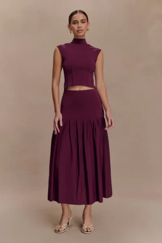 Romaine Bandage Knit Midi Skirt – Wine Romaine Bandage Knit Midi Skirt – Wine