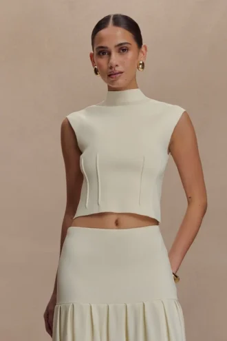 Romaine High Neck Bandage Knit Top – Ivory