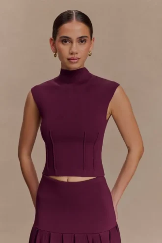 Romaine High Neck Bandage Knit Top – Wine
