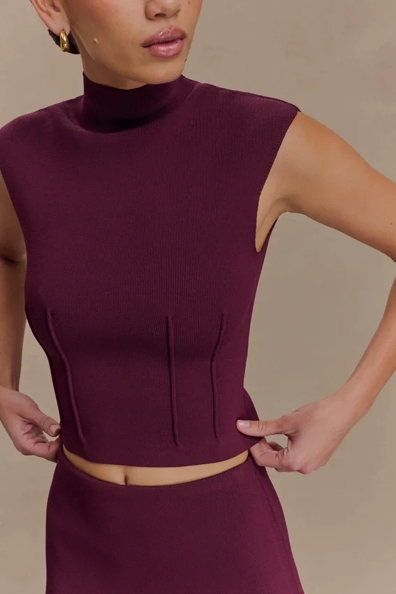 Romaine High Neck Bandage Knit Top – Wine Romaine High Neck Bandage Knit Top – Wine