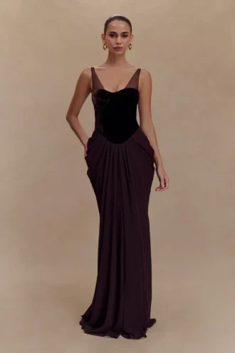 Roxanne Velvet Corset Maxi Dress – Cacao Brown