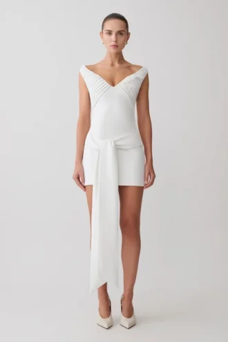 Runa Off Shoulder Mini Dress With Waist Tie – White