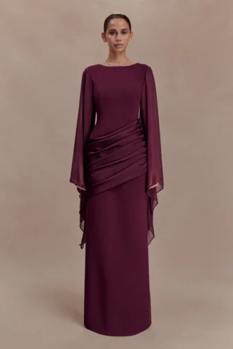 Samantha Waterfall Sleeves Maxi Dress – Wine