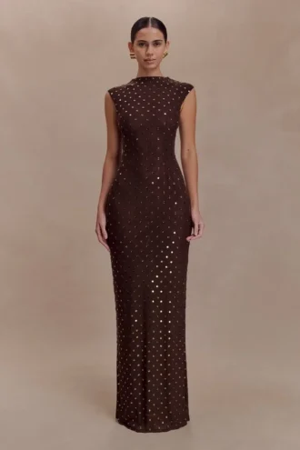 Samara Sleeveless Diamante Maxi Dress – Chocolate