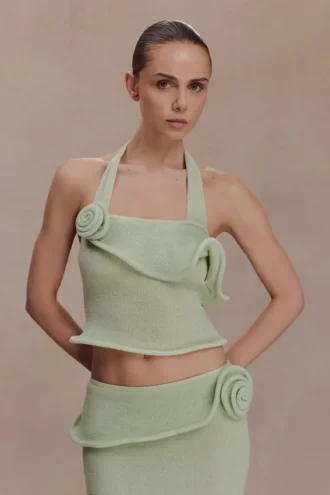 Samira Halter Knit Twist Top – Pastel Green