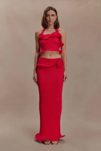 Samira Knit Wired Maxi Skirt – Red