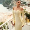 Sandrine Off Shoulder Knit Maxi Dress – Lemon Sandrine Off Shoulder Knit Maxi Dress – Lemon