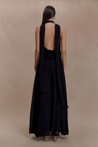 Santal Floral Chiffon Halter Maxi Dress – Black