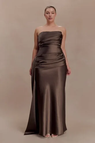 Sarah Strapless Maxi Dress With Waist Tie – Mocha