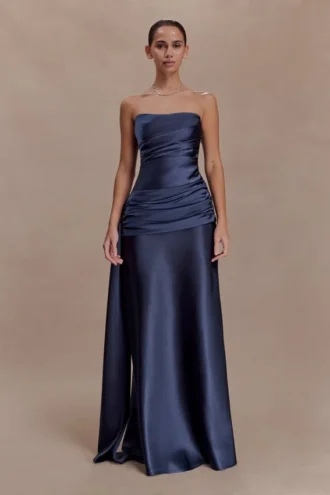 Sarah Strapless Maxi Dress With Waist Tie – Navy