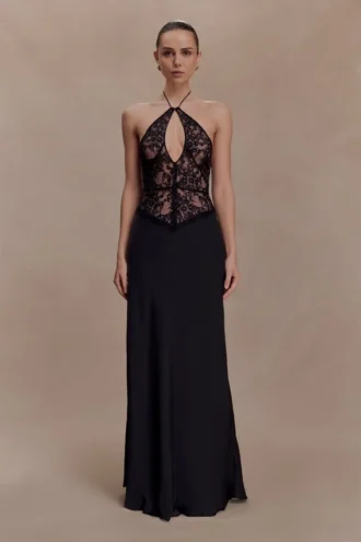 Sascha Lace And Satin Halter Maxi Dress – Black